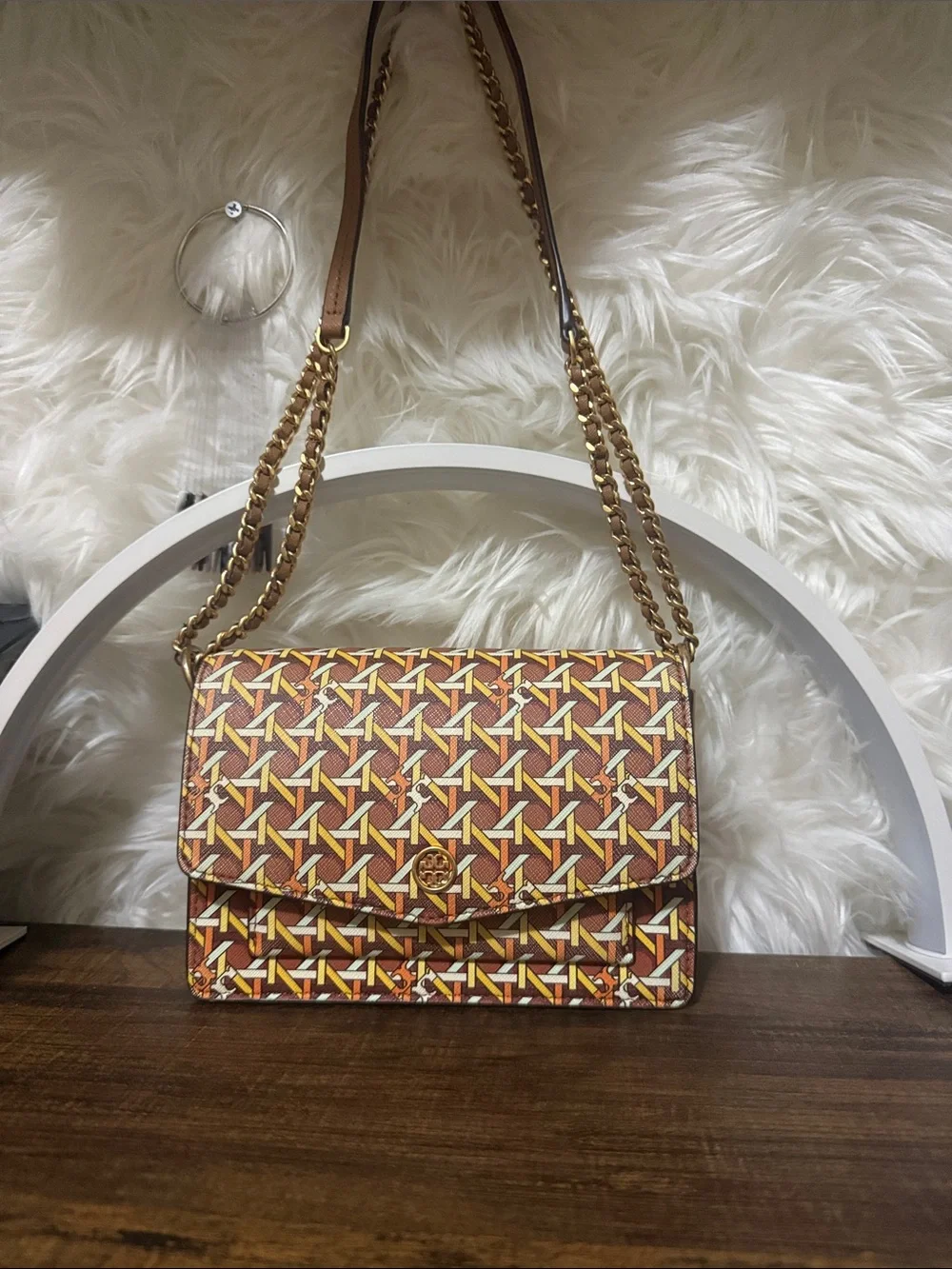 Tory Burch Geometric Print Chain Crossbody in Brown and Yellow